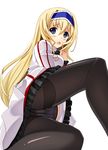  black_legwear blonde_hair blue_eyes blue_hairband blush cameltoe cecilia_alcott crotch_seam from_below hairband hino_minato_(spec.c) infinite_stratos long_hair lying on_side open_mouth panties panties_under_pantyhose pantyhose revision school_uniform simple_background solo underwear 