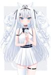  1girl absurdres animal_ear_fluff animal_ears black_choker black_ribbon blue_eyes blunt_bangs blush breasts cat_ears cat_girl cat_tail choker dress extra_ears flower hair_ribbon highres holding holding_flower iris37337 legband long_hair looking_at_viewer original pleated_dress ribbon rose small_breasts solo tail thighhighs white_dress white_flower white_hair white_rose white_thighhighs 