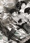  1girl 2boys absurdres barefoot black_hair fighting forehead hayate_aki highres ishigori_ryu jujutsu_kaisen katana monochrome multiple_boys okkotsu_yuuta pompadour sword uro_takako weapon 