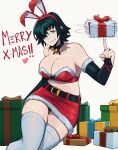  1girl absurdres aneurysm_ax animal_ears black_gloves box breasts chainsaw_man cleavage elbow_gloves fake_animal_ears fingerless_gloves gift gift_box gloves green_eyes green_hair grin highres himeno_(chainsaw_man) index_finger_raised large_breasts looking_at_viewer merry_christmas navel parted_lips rabbit_ears santa_costume short_hair smile solo teeth thighhighs white_thighhighs 