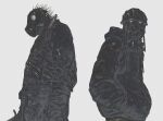  2boys absurdres aikawa_(dorohedoro) backwards_hat black_theme caiman_(dorohedoro) chenrong96 cowboy_shot dorohedoro facing_down gas_mask hands_in_pockets hat highres hood hoodie looking_at_viewer male_focus mask multiple_boys spikes white_background 