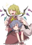  2girls annoyed ascot bare_arms bat_wings blonde_hair blush carrying carrying_person closed_eyes closed_mouth crystal dress fang flandre_scarlet grey_hair hair_between_eyes hand_on_own_hip highres laughing long_hair medium_hair multicolored_wings multiple_girls no_headwear open_mouth puff_of_air puffy_short_sleeves puffy_sleeves red_eyes red_skirt red_vest remilia_scarlet short_sleeves siblings side_ponytail simple_background sisters skin_fang skirt skirt_set smile sobayu_to_tenpura touhou v-shaped_eyebrows vest white_background wings yellow_ascot 