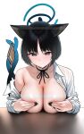  1girl animal_ears black_eyes black_hair black_nails blue_archive blue_halo blush breast_hold breast_rest breasts breasts_on_table cat_ears cat_tail covering_breasts covering_nipples covering_privates dress_shirt duplicate halo hands_on_own_chest highres kikyou_(blue_archive) large_breasts long_sleeves looking_at_viewer multiple_tails naked_shirt no_bra nude_cover off_shoulder open_clothes open_shirt shirt short_hair solar_(happymonk) solo tail topless two_tails unbuttoned white_shirt 