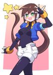  1girl absurdres aile_(mega_man_zx) arms_up blue_jacket blush bodysuit breasts brown_hair buzzlyears cropped_jacket green_eyes highres jacket long_hair looking_at_viewer medium_breasts mega_man_(series) mega_man_zx open_mouth shiny_clothes short_shorts short_sleeves shorts smile solo white_shorts 