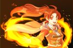  05a7w 1girl breasts brown_eyes brown_hair cape fire golden_sun jenna_(golden_sun) long_hair looking_at_viewer magic open_mouth ponytail simple_background smile solo 
