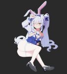  1girl absurdres animal_ears arm_up azur_lane black_background black_footwear blue_leotard blue_ribbon breasts crossed_bangs fake_animal_ears fake_tail full_body hair_ribbon high_heels highres laffey_(azur_lane) laffey_ii_(azur_lane) laffey_ii_(sleepy_on_a_busy_day)_(azur_lane) leotard long_hair long_sleeves looking_at_viewer mahou_gnome official_alternate_costume one_eye_closed pantyhose parted_lips playboy_bunny rabbit_ears rabbit_tail red_eyes ribbon simple_background small_breasts solo strapless strapless_leotard tail twintails v very_long_hair white_hair white_pantyhose 