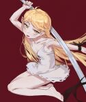  1girl absurdres ahoge arm_up bare_legs barefoot black_ribbon blonde_hair blush chunkyeggy collarbone dress eyelashes fangs feet flat_chest full_body hashtag_only_commentary highres holding holding_sword holding_weapon kiss-shot_acerola-orion_heart-under-blade kizumonogatari legs long_hair looking_at_viewer monogatari_(series) on_ground open_mouth oshino_shinobu pointy_ears red_background ribbon shadow short_dress simple_background sitting soles solo sword toes very_long_hair weapon white_dress wrist_ribbon 