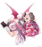 1girl absurdres bandaged_wings black_footwear black_ribbon blue_sailor_collar blush bouquet collar cure_heart_(artist) demon_wings floating flower full_body grey_hair hair_ribbon highres holding holding_bouquet jacket long_hair looking_at_viewer makaino_ririmu makaino_ririmu_(4th_costume) multicolored_hair neckerchief nijisanji open_mouth pink_eyes pink_flower pink_hair pink_jacket pink_rose platform_footwear pointy_ears red_collar red_flower red_neckerchief red_rose red_wings ribbon rose sailor_collar shirt simple_background smile socks solo streaked_hair stuffed_animal stuffed_rabbit stuffed_toy two-tone_hair v virtual_youtuber white_background white_flower white_rose white_shirt white_socks wings 