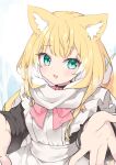  1girl animal_ear_fluff animal_ears apron black_dress blonde_hair bow bowtie breath commentary dress fang fox_ears fox_girl fox_tail fuwafuwa-chan_(kamiyoshi_rika) green_eyes highres incoming_hug kamiyoshi_rika light_blush long_hair looking_at_viewer maid maid_apron multicolored_hair open_mouth original outstretched_arms outstretched_hand pink_bow pink_bowtie scarf smile solo tail white_hair white_scarf 