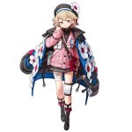  1girl asymmetrical_legwear bag beret black_footwear black_headwear black_skirt black_socks black_sweater blonde_hair blue_coat blue_eyes chest_strap closed_mouth coat coat_on_shoulders flower flower_ornament full_body girls&#039;_frontline gun half-closed_eyes hat hat_flower highres holding holding_gun holding_weapon jatimatic jatimatic_(girls&#039;_frontline) knee_pads light_smile loafers long_sleeves looking_at_viewer medium_hair official_art pink_bag pink_flower pink_sweater pleated_skirt pouch rinotuna shoes shoulder_bag simple_background single_knee_pad skirt snap-fit_buckle socks solo standing submachine_gun sweater thigh_strap third-party_source transparent_background turtleneck turtleneck_sweater weapon white_bag 