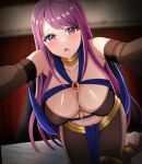  1girl alternate_costume anklet bare_shoulders blush breasts cleavage cosplay dancer detached_sleeves dorothea_arnault dorothea_arnault_(cosplay) dorothea_arnault_(plegian) dorothea_arnault_(plegian)_(cosplay) fire_emblem fire_emblem_engage fire_emblem_heroes gem gold_collar harem_outfit highres indoors ivy_(fire_emblem) jewelry kneeling large_breasts long_hair looking_at_viewer on_bed open_mouth pelvic_curtain pov purple_eyes purple_hair red_gemstone solo tara_(szzj7733) thigh_ring toeless_legwear 