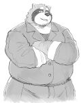 2024 anthro belly big_belly bottomwear canid canine clothed clothing crossed_arms hi_res kemono male mammal overweight overweight_male pants raccoon_dog shirt simple_background smile solo sv_grart tanuki topwear