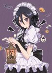  1girl absurdres apron bat_(animal) bat_wings black_hair bleach frilled_apron frills ghost hair_between_eyes halloween halloween_costume highres holding holding_lantern jack-o&#039;-lantern kuchiki_rukia lantern maid maid_apron maid_headdress pumpkin purple_background rinner373 short_hair solo wings 