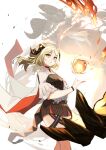  1girl arknights bare_legs black_dress blonde_hair cape commentary_request cowboy_shot demon demon_girl demon_horns dress fireball haku_(grimjin) hand_up highres horns ifrit_(arknights) looking_at_viewer orange_eyes parted_lips short_hair simple_background solo_focus white_background white_cape 