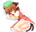  animal_ears bare_legs bloomers blush brown_hair cat_ears cat_tail chen closed_eyes hat highres jewelry lying multiple_tails on_side pila-pela short_hair single_earring sleeping solo tail touhou underwear upskirt 