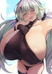  1girl areola_slip bikini black_gloves blue_eyes blush breasts cupitan_(granblue_fantasy) cupitan_(summer)_(granblue_fantasy) from_above gigantic_breasts gloves gradient_hair granblue_fantasy hair_between_eyes hair_ornament long_hair looking_at_viewer low_twintails multicolored_hair open_mouth solo sweat swimsuit twintails yude 