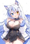  1girl animal_ears bare_shoulders black_dress blue_eyes blue_hair breasts cat_ears choker cleavage coat commission detached_collar dress fangs frilled_choker frilled_coat frills grey_hair hair_between_eyes hands_up heterochromia highres izuminanase jewelry large_breasts long_hair long_sleeves looking_at_viewer mole mole_on_breast mole_under_eye multicolored_hair open_clothes open_coat open_mouth orange_eyes original pendant short_dress skeb_commission smile solo streaked_hair tareme thigh_gap very_long_hair wide_hips yellow_eyes 