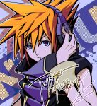  1boy absurdres character_name commentary drop_shadow expressionless hand_on_headphones hand_up headphones high_collar highres male_focus orange_hair paint_splatter parted_lips purple_eyes purple_headphones purple_headwear roku_(gansuns) sakuraba_neku shirt short_hair signature sleeveless sleeveless_shirt solo spiked_hair subarashiki_kono_sekai upper_body wristband yellow_wristband 