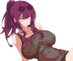  1girl bare_shoulders breasts commentary grey_one-piece_swimsuit honkai:_star_rail honkai_(series) kafka_(honkai:_star_rail) kili_kilio large_breasts long_hair looking_at_viewer one-piece_swimsuit ponytail purple_eyes purple_hair solo swimsuit upper_body 