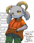 anthro bolgogi bottomwear bovid caprine character_name clothed clothing curved_horn digital_media_(artwork) english_text fur goat grey_body grey_fur hair hi_res horn long_ears looking_at_viewer male mammal matya_mutyo orange_clothing orange_topwear pants shirt shorts signature simple_background solo solo_focus text topwear white_background yellow_eyes