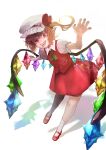  1girl absurdres ascot backlighting bow collared_shirt crazy_eyes crystal flandre_scarlet foreshortening glowing glowing_wings green_ascot hair_bow hat hat_ribbon highres looking_at_viewer mary_janes medium_hair mob_cap multicolored_wings one_side_up pointy_ears puffy_short_sleeves puffy_sleeves red_bow red_eyes red_footwear red_ribbon red_skirt red_vest ribbon saliva shachi_zi shirt shoes short_sleeves simple_background skirt socks solo teeth tongue tongue_out touhou upper_teeth_only vest white_background white_headwear white_shirt white_socks wings 