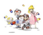  1girl 4boys :o arm_up blonde_hair blue_eyes blue_necktie blue_toad_(mario) brown_footwear brown_hair clenched_hand closed_eyes closed_mouth coat collared_shirt commentary dr._mario dr._mario_(game) dr._mario_world dr._peach dr._toad_(mario) earrings english_commentary eyelashes facial_hair glasses gloves grey_pants head_mirror high_heels high_ponytail holding_pill jewelry lab_coat lips long_hair long_sleeves lying mario mario_(series) multiple_boys mustache necktie on_side open_clothes open_coat open_mouth outstretched_arm pants pencil_skirt pill pink_coat pink_skirt ponytail princess_peach red_necktie red_toad_(mario) rinabee_(rinabele0120) round_eyewear shirt shirt_tucked_in shoes short_hair sidelocks simple_background skirt sleeping smile sphere_earrings standing stethoscope toad_(mario) u_u white_background white_coat white_footwear white_gloves white_shirt yellow_necktie yellow_toad_(mario) zzz 