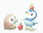  absurdres animal_focus apple applin bird black_eyes colored_sclera fireblast food fruit green_eyes green_sclera highres leaf no_humans open_mouth owl penguin piplup pokemon pokemon_(creature) rowlet simple_background standing white_background wings worm 