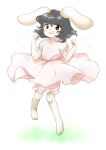  1girl :d animal_ears barefoot bloomers dress flat_chest floppy_ears full_body grey_hair hands_up inaba_tewi looking_at_viewer nonamejd official_style open_mouth pink_bloomers pink_dress puffy_short_sleeves puffy_sleeves rabbit_ears rabbit_girl red_eyes round_teeth short_hair short_sleeves smile solo teeth touhou upper_teeth_only zun_(style) 