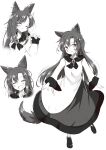  1girl animal_ears blush brooch commentary dress fang greyscale highres imaizumi_kagerou jewelry long_hair long_sleeves looking_at_viewer monochrome multiple_views open_mouth simple_background smile solo tail touhou trembling tsuukinkaisoku_oomiya white_background wide_sleeves wolf_ears wolf_girl wolf_tail 