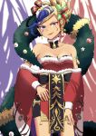  1girl absurdres bare_shoulders bell blonde_hair blue_eyes blue_hair braid breasts chokopi_(tuna11) christmas christmas_wreath detached_sleeves heterochromia highres holly jaen_(youkai_watch) looking_at looking_at_viewer multicolored_hair neck_bell smile solo two-tone_hair viewer wreath yellow_eyes youkai_watch youkai_watch:_punipuni 