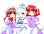  3girls :d apron back_bow blue_dress blue_eyes blue_hair bow bowtie braid brown_eyes brown_hair capelet cirno closed_mouth collared_shirt crossed_arms dress eyes_visible_through_hair fairy flat_chest green_bow hair_bow hand_up ice ice_wings juliet_sleeves kirisame_marisa kirisame_marisa_(pc-98) light_blue_hair long_sleeves maid_apron multiple_girls neck_ribbon nonamejd official_style parted_bangs pinafore_dress puffy_sleeves purple_capelet purple_dress red_bow red_bowtie red_eyes red_hair red_ribbon ribbon rika_(touhou) shirt short_hair simple_background sleeveless sleeveless_dress smile touhou touhou_(pc-98) twin_braids waist_apron white_apron white_background white_bow white_bowtie white_shirt white_trim wings zun_(style) 