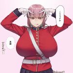  1girl artist_name belt braid breasts closed_mouth coat double_v fate/grand_order fate_(series) florence_nightingale_(fate) gloves highres hoshino_ai&#039;s_pose large_breasts long_hair long_sleeves looking_at_viewer nekoreset13 oshi_no_ko pink_hair pose_imitation red_coat red_eyes simple_background skirt solo speech_bubble tongue tongue_out translation_request v v_over_eye white_background white_gloves 