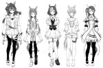  5girls animal_ears aqua_eyes armband arms_at_sides asymmetrical_footwear belt blue_eyes blush boots bow bracelet breasts cleavage closed_mouth coat coat_on_shoulders collared_dress collared_shirt dress ear_bow el_condor_pasa_(umamusume) fang fang_out flat_chest golden_generation_(umamusume) grass_wonder_(umamusume) greyscale highres horse_ears horse_girl horse_tail jacket jewelry king_halo_(umamusume) long_hair long_sleeves medium_breasts mismatched_footwear monochrome multiple_girls neck_ribbon off-shoulder_jacket off_shoulder one_side_up oo_sungnim open_clothes open_jacket orange_eyes ponytail purple_eyes ribbon seiun_sky_(umamusume) shirt short_hair short_shorts short_sleeves shorts skin_fang skirt sleeveless sleeveless_dress small_breasts special_week_(umamusume) spot_color straight-on strappy_heels tail thigh_strap thighhighs umamusume vest 