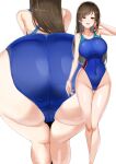  1girl absurdres ass bare_shoulders blue_one-piece_swimsuit blush breasts brown_eyes brown_hair collarbone covered_navel highleg highleg_swimsuit highres idolmaster idolmaster_cinderella_girls large_breasts long_hair looking_at_viewer maruyaa_(malya1006) multiple_views nitta_minami one-piece_swimsuit open_mouth smile swept_bangs swimsuit thighs 