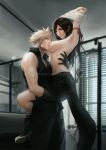  1boy 1girl black_hair blonde_hair blue_eyes blush breast_sucking breasts carrying carrying_person clothes_lift cloud_strife couple earrings final_fantasy final_fantasy_vii final_fantasy_vii_advent_children final_fantasy_vii_remake hetero highres jewelry large_breasts long_hair nipples red_eyes shirt_lift short_hair solo_focus spiked_hair spykeee tifa_lockhart topless undressing 