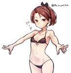  1girl absurdres adapted_costume bikini black_bikini brown_eyes brown_hair cowboy_shot double_v front-tie_bikini_top front-tie_top hair_ribbon highres kantai_collection medium_hair one-hour_drawing_challenge parted_bangs ponytail ribbon shikinami_(kancolle) shikinami_kai_ni_(kancolle) simple_background solo standing swimsuit the_second_form twitter_username v white_background 
