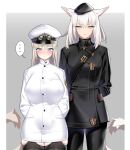  ... 2girls animal_ears arms_behind_back beret blue_eyes blush breasts cat_ears cat_tail deathalice facial_mark final_fantasy final_fantasy_xiv garter_straps grey_eyes grey_hair hat highres implied_ass_grab looking_at_viewer miqo&#039;te multiple_girls peaked_cap spoken_ellipsis tail warrior_of_light_(ff14) whisker_markings yuri 