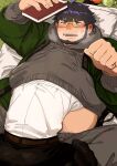  2boys anger_vein bara black_hair blush book chinstrap_beard clenched_hand clothes_lift facial_hair feet_out_of_frame futon glasses green_eyes grey_hoodie haishiba_ame hanten_(clothes) head_under_clothes highres holding holding_book hood hoodie hoodie_lift live_a_hero lying male_focus male_protagonist_(live_a_hero) midriff_peek multiple_boys navel_hair on_back on_bed open_mouth pants plump rectangular_eyewear santetsu_(live_a_hero) short_hair size_difference sweatdrop sweatpants thick_eyebrows under_clothes yaoi yellow-framed_eyewear 