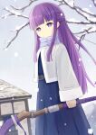  1girl belt blue_dress blunt_bangs blunt_ends branch closed_mouth coat commentary_request day dress enokitake fern_(sousou_no_frieren) grey_coat grey_sky highres hime_cut holding holding_staff long_sleeves looking_at_viewer mountain outdoors overcast purple_eyes purple_hair sky snow snowing solo sousou_no_frieren staff 