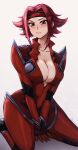  1girl absurdres blue_eyes blush bodysuit breasts cleavage closed_mouth code_geass collarbone headband highres kallen_stadtfeld large_breasts looking_at_viewer parted_bangs red_bodysuit red_hair seiza short_hair sitting solo the_scarlet_devil 