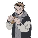  1boy alternate_costume blonde_hair blush cheek_bulge colored_tips dorohedoro eating facial_mark food holding holding_food hood hoodie jacket male_focus multicolored_hair no_eyebrows open_clothes open_jacket risu_(dorohedoro) solo to_(pixiv_34180059) upper_body 