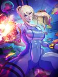  1girl absurdres artist_name blonde_hair blue_bodysuit blue_eyes bodysuit breasts closed_mouth commentary hair_between_eyes highres large_breasts long_hair metroid metroid_(creature) mole mole_under_mouth patreon_username red_lips revision samus_aran signature skin_tight twitter_username xuuikie_ashe zero_gravity zero_suit 