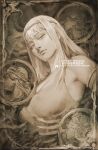  1girl art_of_neight blonde_hair breasts brown_theme cleavage from_below hairband half-closed_eyes highres large_breasts long_hair looking_at_viewer maria_(shingeki_no_kyojin) monochrome rose_(shingeki_no_kyojin) shingeki_no_kyojin sina_(shingeki_no_kyojin) solo upper_body ymir_fritz 