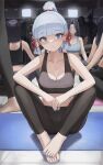  1girl absurdres blue_eyes blue_hair blue_nails breasts cleavage commentary_request dolri expressionless genshin_impact gym high_ponytail highres kamisato_ayaka midriff nail_polish pants people ponytail sidelocks sitting sports_bra toenail_polish toenails yoga_mat yoga_pants 