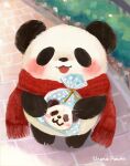 2024 anthro araru bear biped black_body black_nose blush candy chibi chocolate dessert food giant_panda hi_res kemono mammal scarf solo white_body