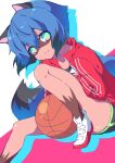  1girl animal_ears animal_nose ball basketball_(object) blue_hair body_fur brand_new_animal brown_fur dolphin_shorts furry furry_female jacket kagemori_michiru raccoon_ears raccoon_girl raccoon_nose raccoon_tail red_jacket shoes short_hair shorts simple_background sneakers solo tail takoyaki_kenken tanuki track_jacket 