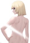  1girl blonde_hair blue_eyes blunt_bangs bob_cut breasts character_request commentary copyright_request from_behind hand_on_own_hip highres light_censor looking_at_viewer looking_back nude short_hair small_breasts solo sthreep upper_body 