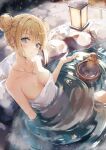  1girl bare_shoulders bathing blonde_hair blue_eyes blush breasts breath bucket cleavage collarbone creature double_bun hair_bun head_tilt highres jewelry lantern looking_at_viewer medium_breasts miakiuehashi naked_towel necklace onsen original outdoors parted_lips partially_submerged short_hair sitting snow solo towel water winter wooden_bucket 