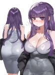  1girl absurdres ass bare_shoulders breasts cleavage commentary covered_navel dress fern_(sousou_no_frieren) foolish_potato grey_dress highres large_breasts long_hair multiple_views off_shoulder puff_of_air purple_eyes purple_hair simple_background sleeveless sleeveless_dress sousou_no_frieren upper_body very_long_hair white_background 