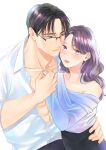  1boy 1girl abs black_eyes black_hair black_pants blue_nails blue_shirt collarbone earrings glasses hetero highres holding_hands hug jewelry lipstick looking_at_another looking_at_viewer makeup open_clothes open_shirt original pants purple_eyes shirt stud_earrings ueno_haruki white_background white_shirt 